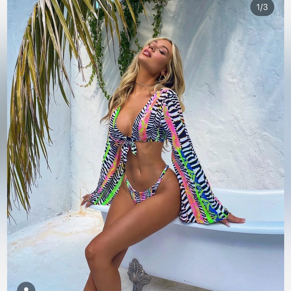 Luli Fama Neon Zebra Print Bikini Set - Black, White, Pink, Green